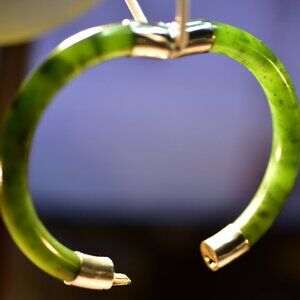 Antique Asian Nephrite Jade Gold/Silver Hinged Bangle, Sobering